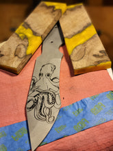 Load image into Gallery viewer, Kraken Hybrid Yellow Epoxy Burl Handle Engraved High Carbon Steel Recurved Clip Point Blade