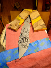 Load image into Gallery viewer, Kraken Hybrid Yellow Epoxy Burl Handle Engraved High Carbon Steel Recurved Clip Point Blade