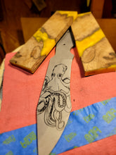 Load image into Gallery viewer, Kraken Hybrid Yellow Epoxy Burl Handle Engraved High Carbon Steel Recurved Clip Point Blade