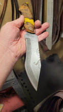 Load image into Gallery viewer, Kraken Hybrid Yellow Epoxy Burl Handle Engraved High Carbon Steel Recurved Clip Point Blade