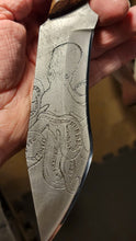 Load image into Gallery viewer, Kraken Hybrid Yellow Epoxy Burl Handle Engraved High Carbon Steel Recurved Clip Point Blade