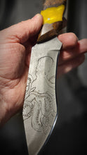 Load image into Gallery viewer, Kraken Hybrid Yellow Epoxy Burl Handle Engraved High Carbon Steel Recurved Clip Point Blade