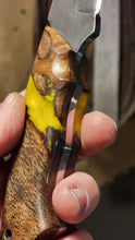 Load image into Gallery viewer, Kraken Hybrid Yellow Epoxy Burl Handle Engraved High Carbon Steel Recurved Clip Point Blade