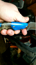Load image into Gallery viewer, Kraken Engraved Blue Hybrid Epoxy Handle High Carbon Steel Recurved Clip Point Blade