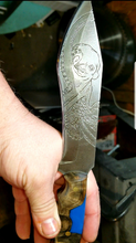 Load image into Gallery viewer, Kraken Engraved Blue Hybrid Epoxy Handle High Carbon Steel Recurved Clip Point Blade