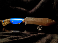 Load image into Gallery viewer, Kraken Engraved Blue Hybrid Epoxy Handle High Carbon Steel Recurved Clip Point Blade
