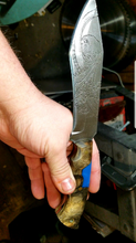 Load image into Gallery viewer, Kraken Engraved Blue Hybrid Epoxy Handle High Carbon Steel Recurved Clip Point Blade