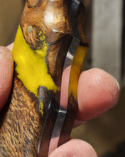 Load image into Gallery viewer, Kraken Hybrid Yellow Epoxy Burl Handle Engraved High Carbon Steel Recurved Clip Point Blade