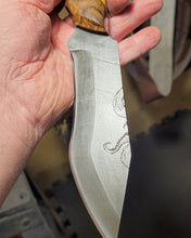 Load image into Gallery viewer, Kraken Hybrid Yellow Epoxy Burl Handle Engraved High Carbon Steel Recurved Clip Point Blade