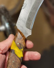 Load image into Gallery viewer, Kraken Hybrid Yellow Epoxy Burl Handle Engraved High Carbon Steel Recurved Clip Point Blade