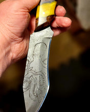 Load image into Gallery viewer, Kraken Hybrid Yellow Epoxy Burl Handle Engraved High Carbon Steel Recurved Clip Point Blade