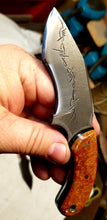 Load image into Gallery viewer, Barbed Wire Engraved Brigham with Corian/Black Paper Micarta Handle
