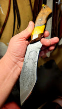Carregar imagem no visualizador da galeria, Kraken Hybrid Yellow Epoxy Burl Handle Engraved High Carbon Steel Recurved Clip Point Blade
