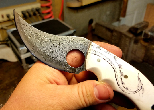 Dragon Engraved High Carbon Steel  Skinner with Scrimshaw Handle