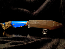 Load image into Gallery viewer, Kraken Engraved Blue Hybrid Epoxy Handle High Carbon Steel Recurved Clip Point Blade
