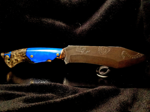 Kraken Engraved Blue Hybrid Epoxy Handle High Carbon Steel Recurved Clip Point Blade