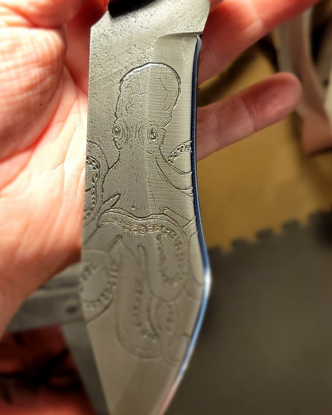 Kraken Hybrid Yellow Epoxy Burl Handle Engraved High Carbon Steel Recurved Clip Point Blade