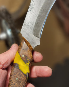 Kraken Hybrid Yellow Epoxy Burl Handle Engraved High Carbon Steel Recurved Clip Point Blade