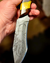 Load image into Gallery viewer, Kraken Hybrid Yellow Epoxy Burl Handle Engraved High Carbon Steel Recurved Clip Point Blade
