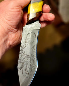 Kraken Hybrid Yellow Epoxy Burl Handle Engraved High Carbon Steel Recurved Clip Point Blade